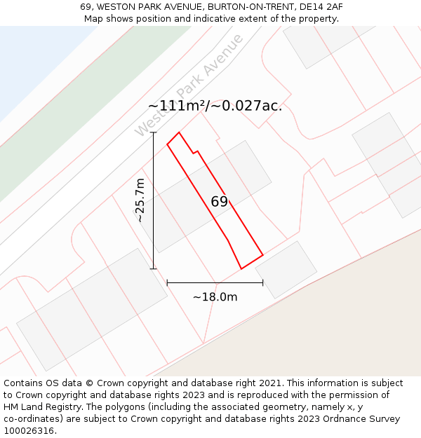 69, WESTON PARK AVENUE, BURTON-ON-TRENT, DE14 2AF: Plot and title map