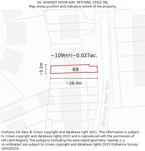 69, WHINNEY MOOR WAY, RETFORD, DN22 7BL: Plot and title map