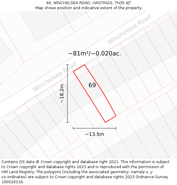 69, WINCHELSEA ROAD, HASTINGS, TN35 4JT: Plot and title map