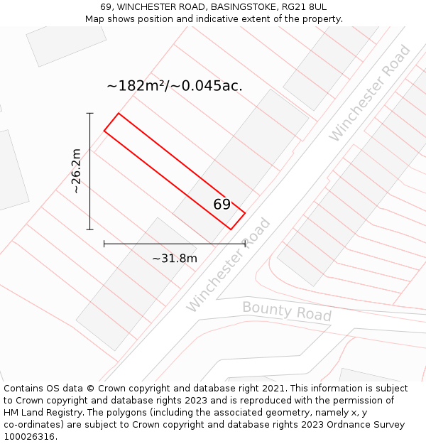 69, WINCHESTER ROAD, BASINGSTOKE, RG21 8UL: Plot and title map