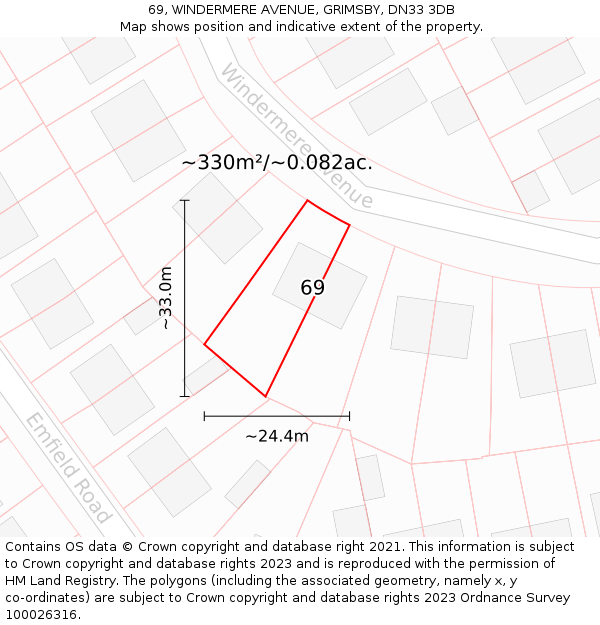 69, WINDERMERE AVENUE, GRIMSBY, DN33 3DB: Plot and title map