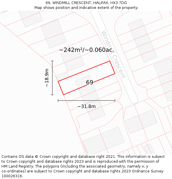 69, WINDMILL CRESCENT, HALIFAX, HX3 7DG: Plot and title map
