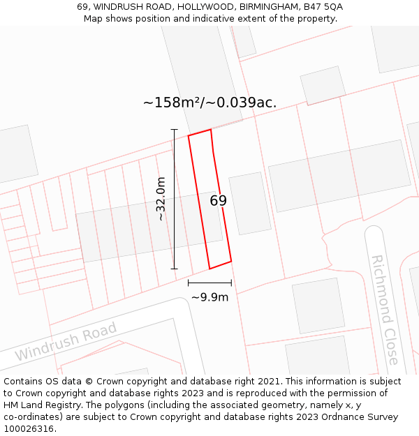 69, WINDRUSH ROAD, HOLLYWOOD, BIRMINGHAM, B47 5QA: Plot and title map