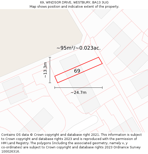 69, WINDSOR DRIVE, WESTBURY, BA13 3UG: Plot and title map