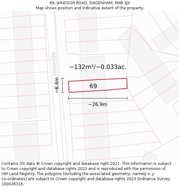 69, WINDSOR ROAD, DAGENHAM, RM8 3JX: Plot and title map