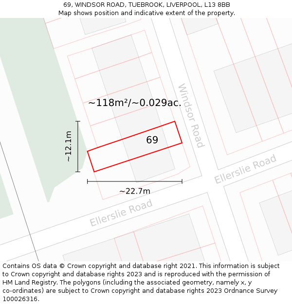 69, WINDSOR ROAD, TUEBROOK, LIVERPOOL, L13 8BB: Plot and title map