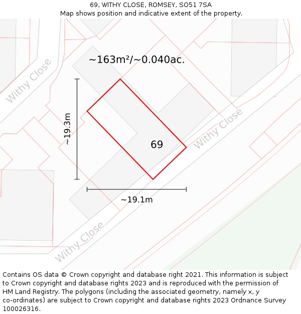 69, WITHY CLOSE, ROMSEY, SO51 7SA: Plot and title map