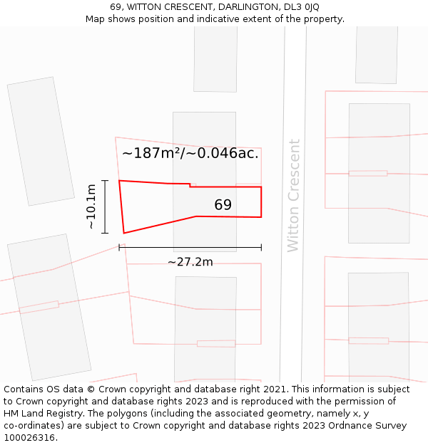69, WITTON CRESCENT, DARLINGTON, DL3 0JQ: Plot and title map