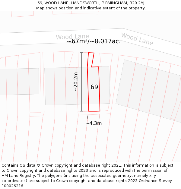 69, WOOD LANE, HANDSWORTH, BIRMINGHAM, B20 2AJ: Plot and title map