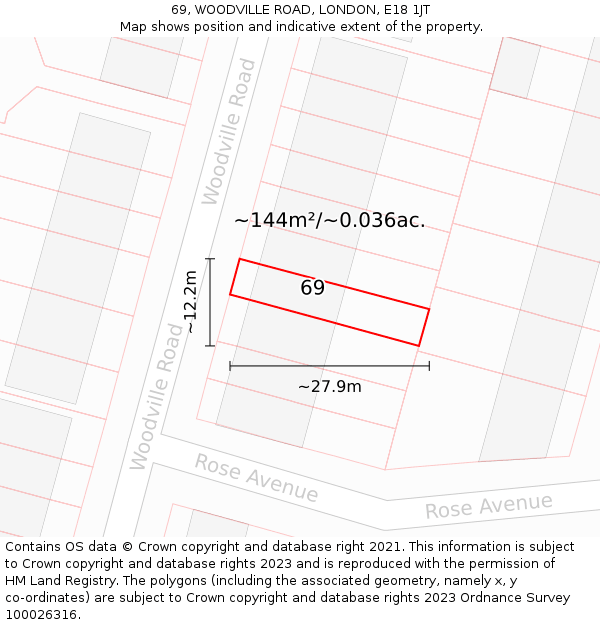 69, WOODVILLE ROAD, LONDON, E18 1JT: Plot and title map