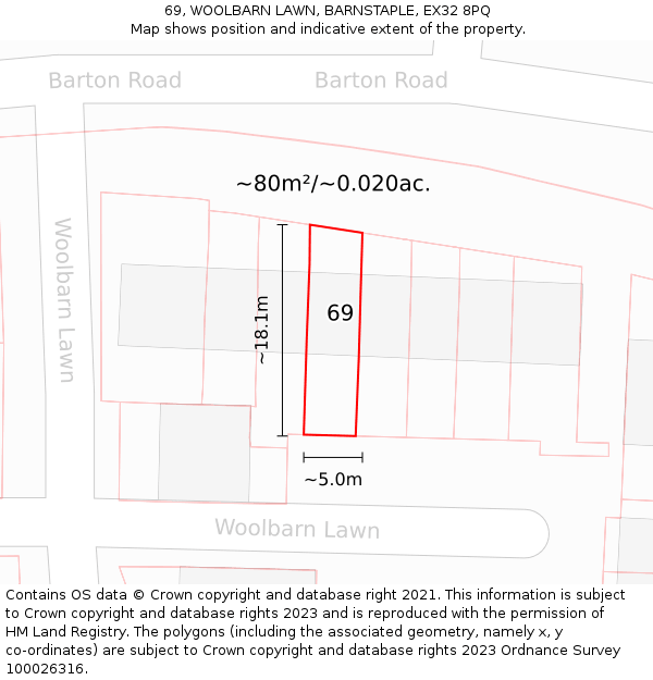 69, WOOLBARN LAWN, BARNSTAPLE, EX32 8PQ: Plot and title map