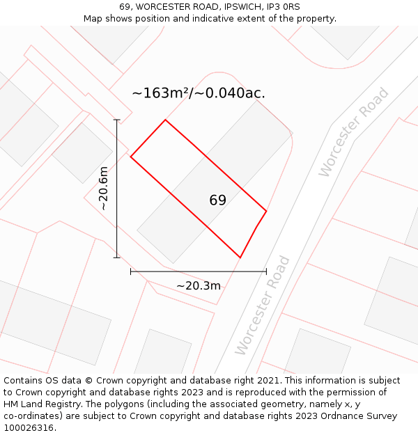 69, WORCESTER ROAD, IPSWICH, IP3 0RS: Plot and title map