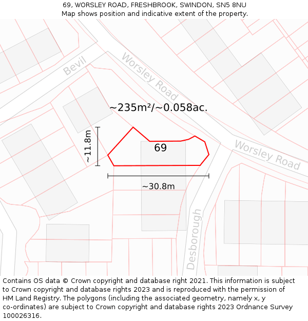 69, WORSLEY ROAD, FRESHBROOK, SWINDON, SN5 8NU: Plot and title map