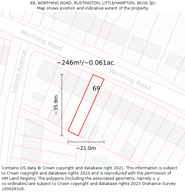 69, WORTHING ROAD, RUSTINGTON, LITTLEHAMPTON, BN16 3JU: Plot and title map