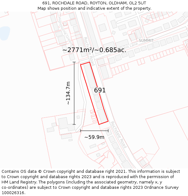 691, ROCHDALE ROAD, ROYTON, OLDHAM, OL2 5UT: Plot and title map