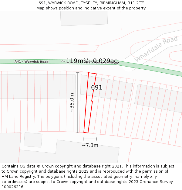 691, WARWICK ROAD, TYSELEY, BIRMINGHAM, B11 2EZ: Plot and title map