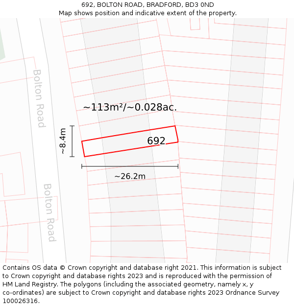 692, BOLTON ROAD, BRADFORD, BD3 0ND: Plot and title map