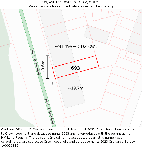 693, ASHTON ROAD, OLDHAM, OL8 2RF: Plot and title map