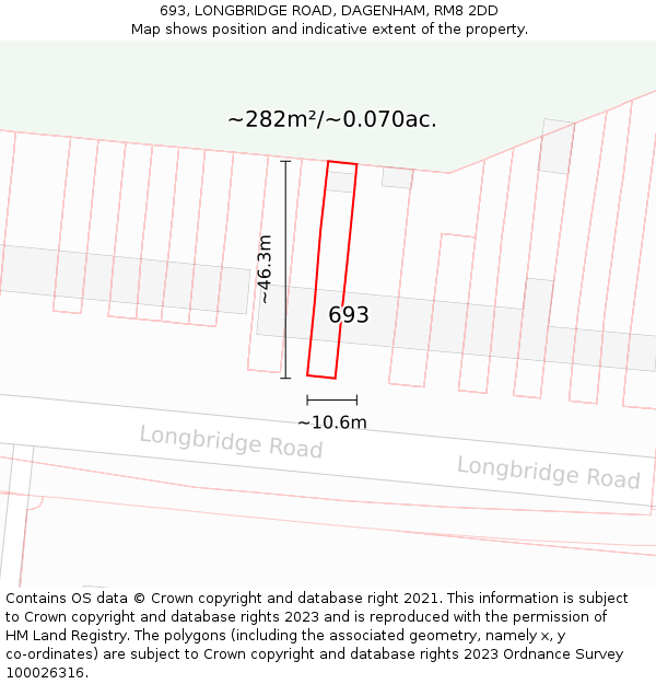 693, LONGBRIDGE ROAD, DAGENHAM, RM8 2DD: Plot and title map