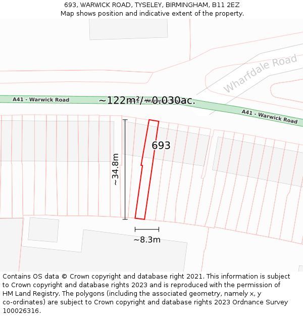 693, WARWICK ROAD, TYSELEY, BIRMINGHAM, B11 2EZ: Plot and title map