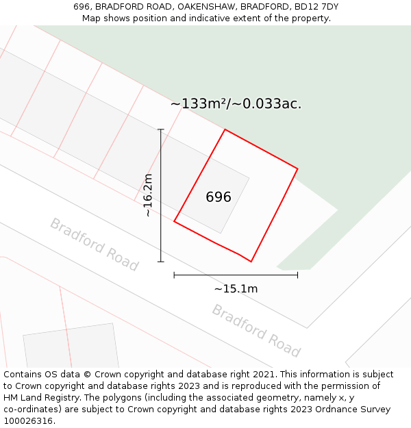 696, BRADFORD ROAD, OAKENSHAW, BRADFORD, BD12 7DY: Plot and title map