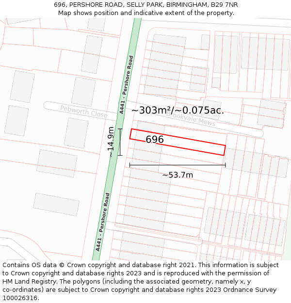 696, PERSHORE ROAD, SELLY PARK, BIRMINGHAM, B29 7NR: Plot and title map