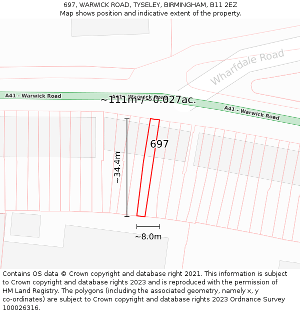 697, WARWICK ROAD, TYSELEY, BIRMINGHAM, B11 2EZ: Plot and title map