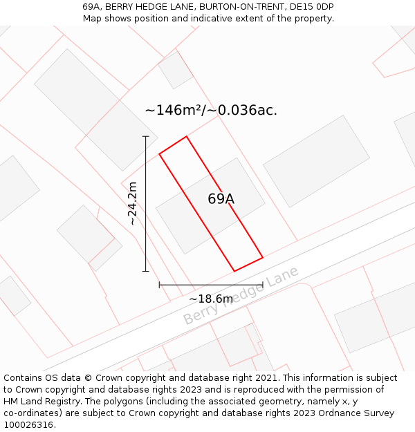 69A, BERRY HEDGE LANE, BURTON-ON-TRENT, DE15 0DP: Plot and title map