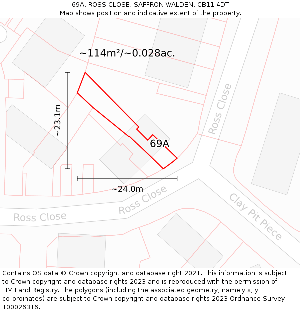 69A, ROSS CLOSE, SAFFRON WALDEN, CB11 4DT: Plot and title map