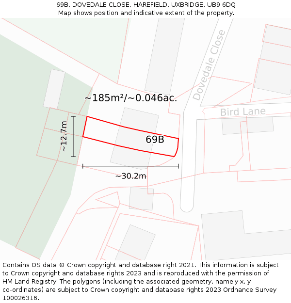 69B, DOVEDALE CLOSE, HAREFIELD, UXBRIDGE, UB9 6DQ: Plot and title map