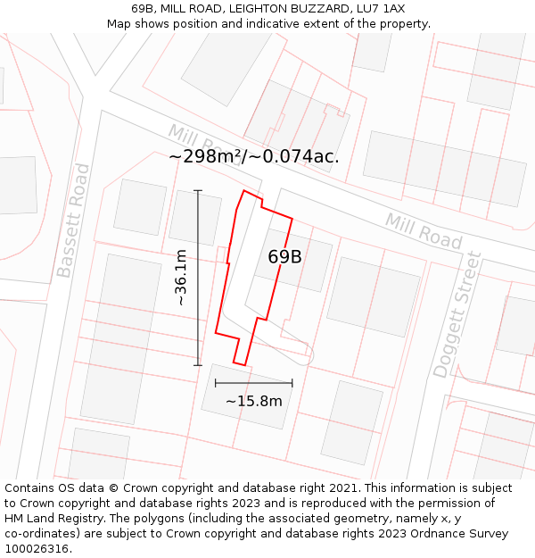 69B, MILL ROAD, LEIGHTON BUZZARD, LU7 1AX: Plot and title map