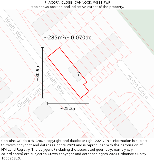 7, ACORN CLOSE, CANNOCK, WS11 7WF: Plot and title map