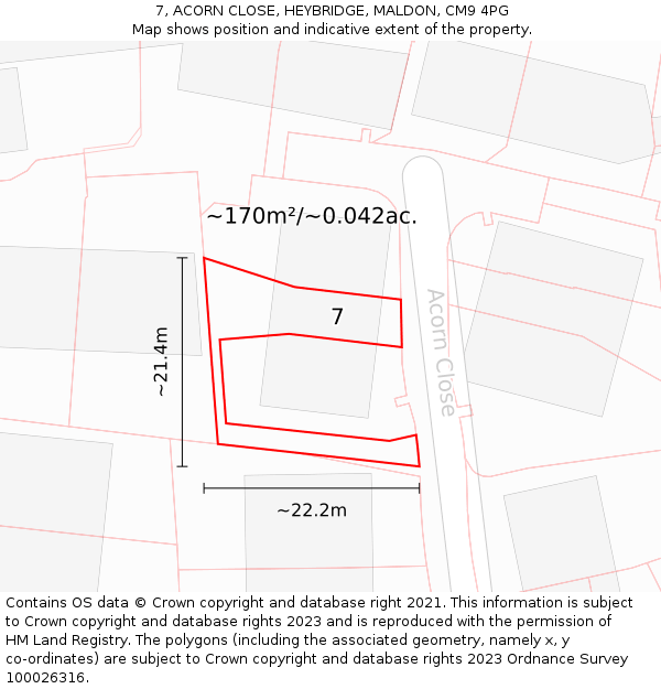 7, ACORN CLOSE, HEYBRIDGE, MALDON, CM9 4PG: Plot and title map