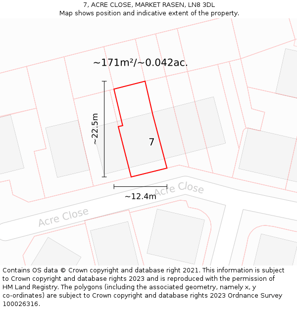7, ACRE CLOSE, MARKET RASEN, LN8 3DL: Plot and title map