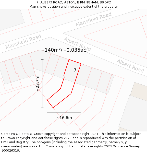 7, ALBERT ROAD, ASTON, BIRMINGHAM, B6 5PD: Plot and title map