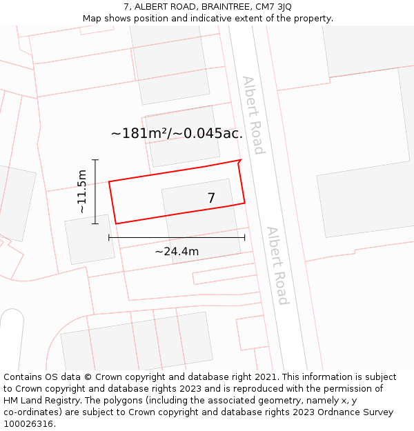 7, ALBERT ROAD, BRAINTREE, CM7 3JQ: Plot and title map
