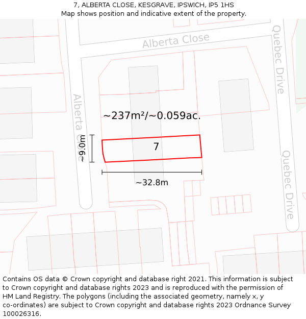 7, ALBERTA CLOSE, KESGRAVE, IPSWICH, IP5 1HS: Plot and title map