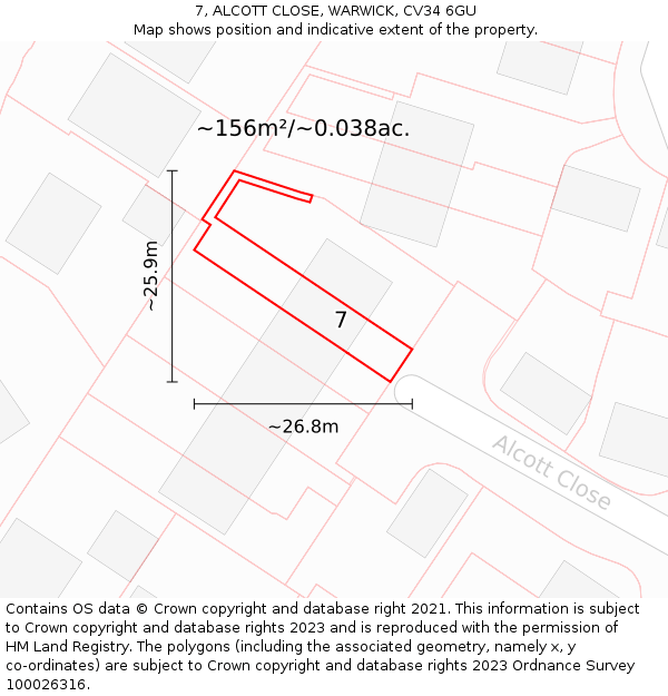 7, ALCOTT CLOSE, WARWICK, CV34 6GU: Plot and title map