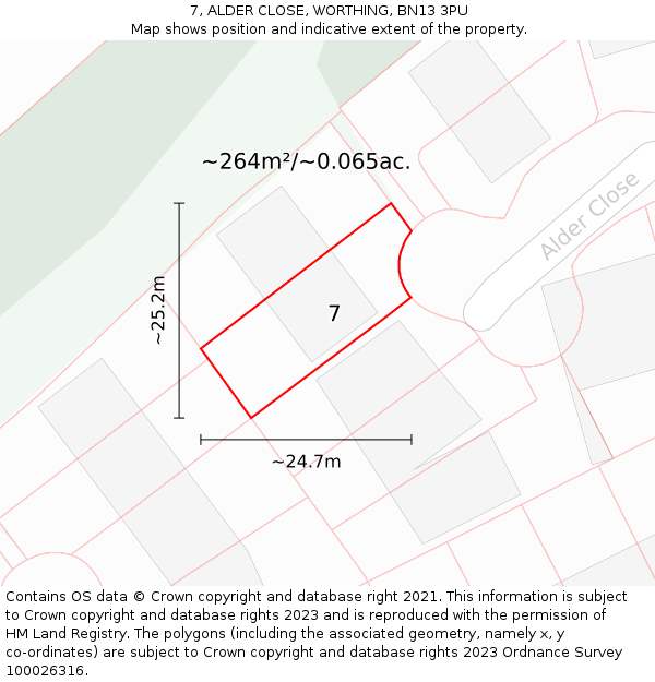 7, ALDER CLOSE, WORTHING, BN13 3PU: Plot and title map