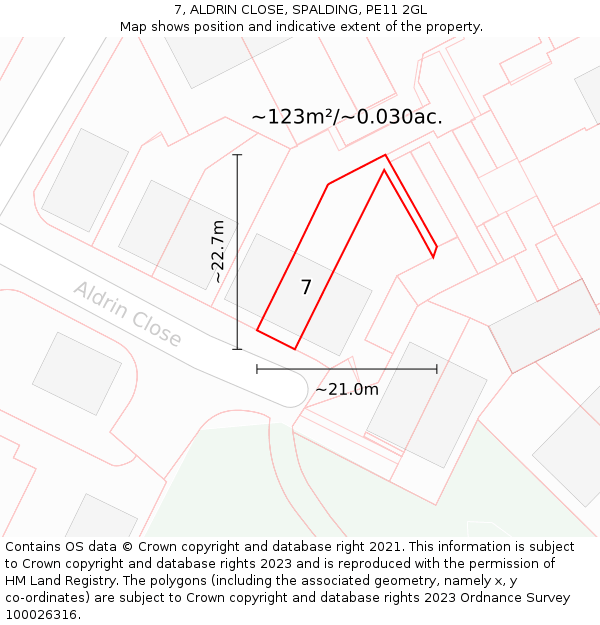 7, ALDRIN CLOSE, SPALDING, PE11 2GL: Plot and title map