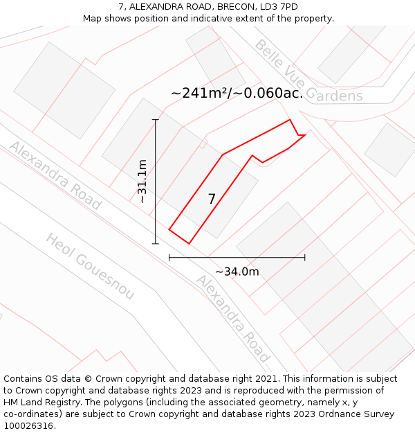 7, ALEXANDRA ROAD, BRECON, LD3 7PD: Plot and title map