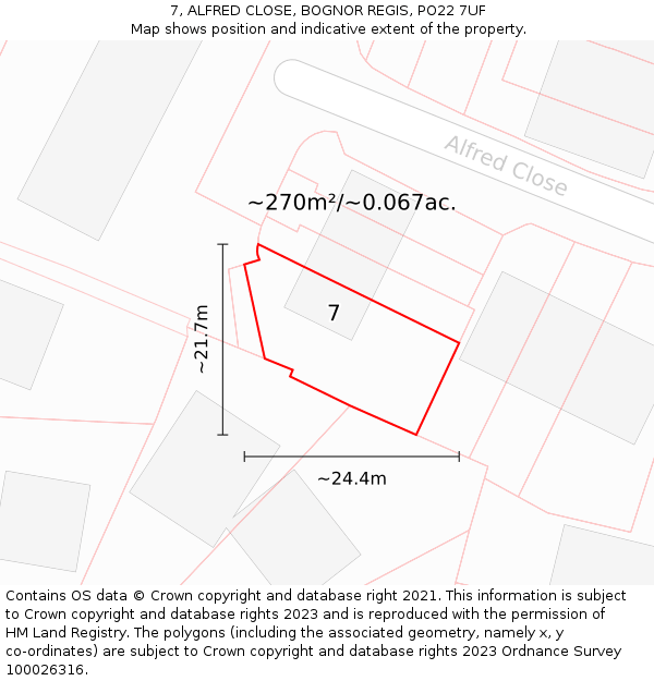 7, ALFRED CLOSE, BOGNOR REGIS, PO22 7UF: Plot and title map