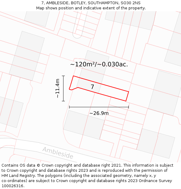 7, AMBLESIDE, BOTLEY, SOUTHAMPTON, SO30 2NS: Plot and title map