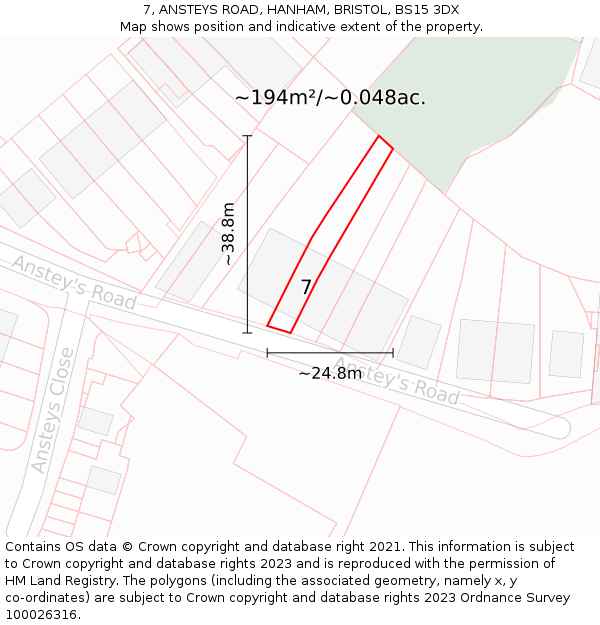 7, ANSTEYS ROAD, HANHAM, BRISTOL, BS15 3DX: Plot and title map