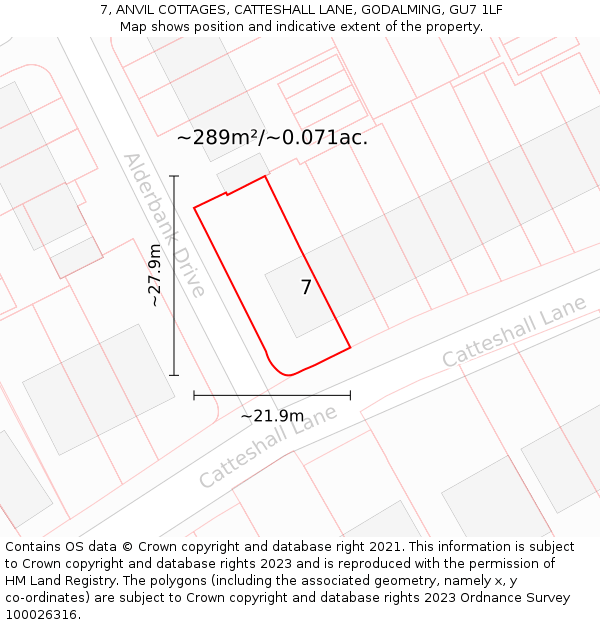 7, ANVIL COTTAGES, CATTESHALL LANE, GODALMING, GU7 1LF: Plot and title map