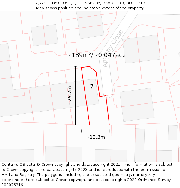 7, APPLEBY CLOSE, QUEENSBURY, BRADFORD, BD13 2TB: Plot and title map