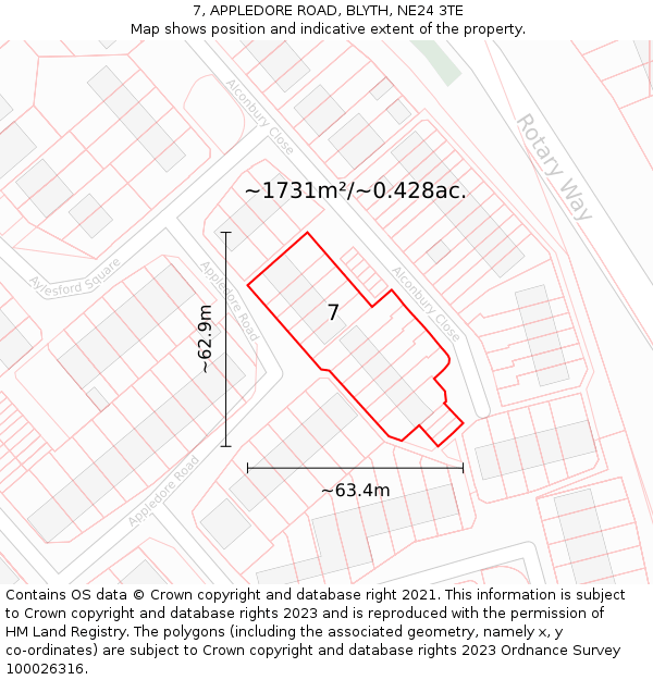 7, APPLEDORE ROAD, BLYTH, NE24 3TE: Plot and title map