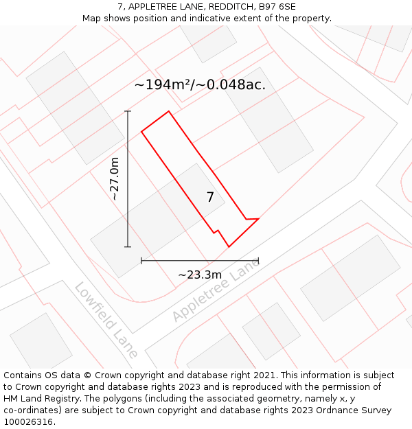 7, APPLETREE LANE, REDDITCH, B97 6SE: Plot and title map