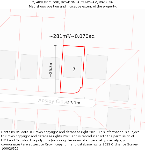 7, APSLEY CLOSE, BOWDON, ALTRINCHAM, WA14 3AJ: Plot and title map