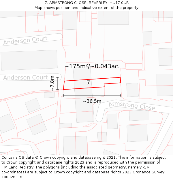 7, ARMSTRONG CLOSE, BEVERLEY, HU17 0UR: Plot and title map